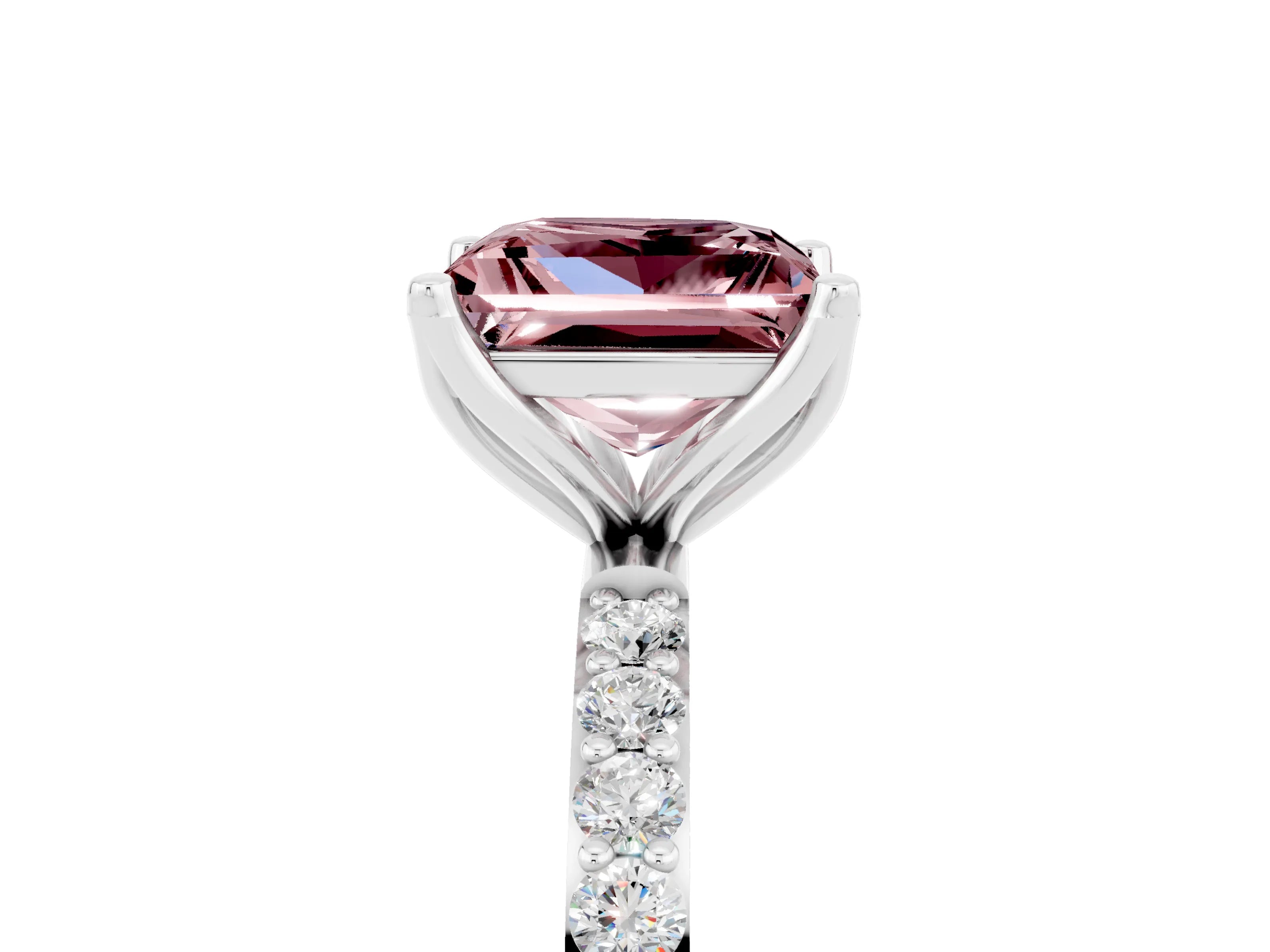 White gold Princess Cut Morganite Solitaire Engagement Ring with Pavé Band and Prong Setting_5