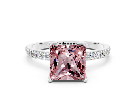 White gold Princess Cut Morganite Solitaire Engagement Ring with Pavé Band and Prong Setting