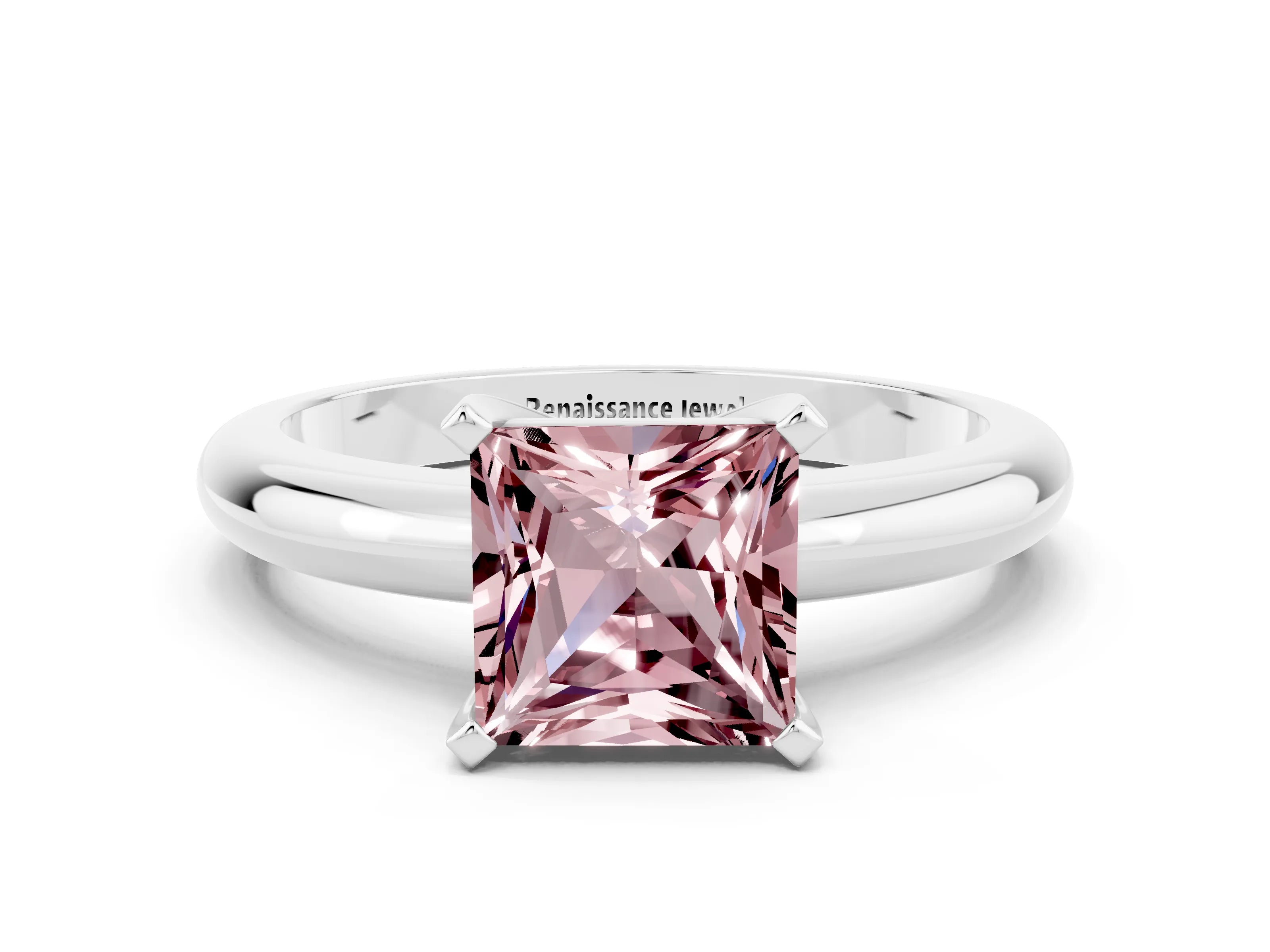 White gold Princess Cut Morganite Solitaire Engagement Ring with Round Band and Four-Prong Setting