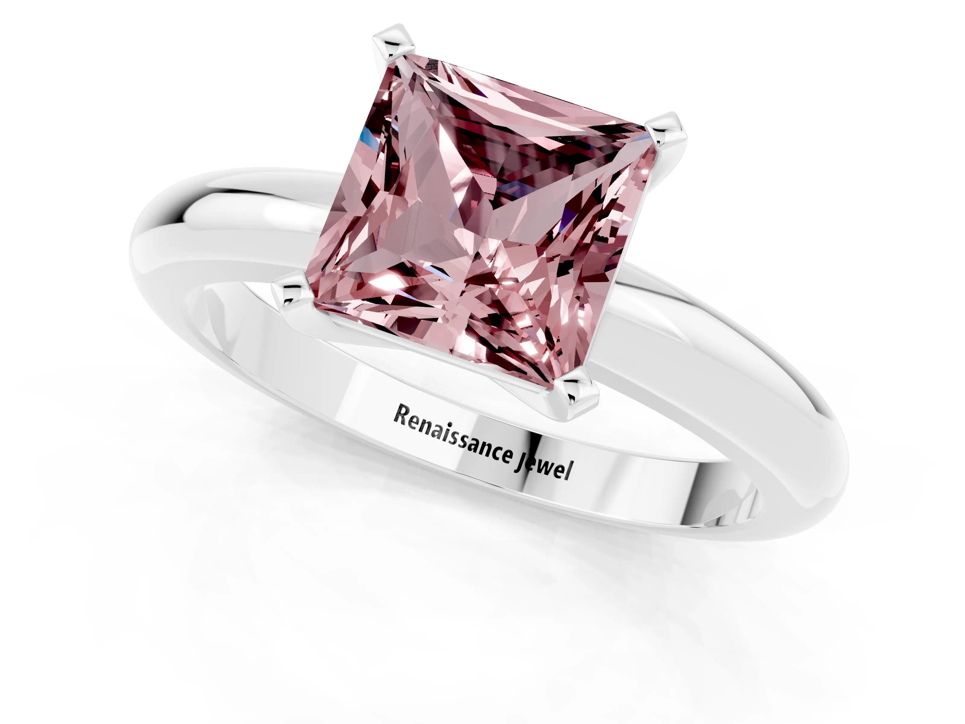 White gold Princess Cut Morganite Solitaire Engagement Ring with Round Band and Four-Prong Setting_1