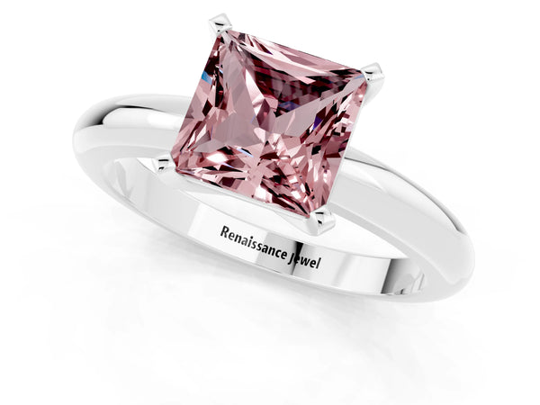 White gold Princess Cut Morganite Solitaire Engagement Ring with Round Band and Four-Prong Setting