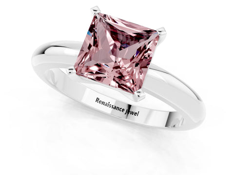 White gold Princess Cut Morganite Solitaire Engagement Ring with Round Band and Four-Prong Setting_1