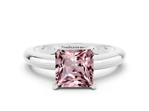 White gold Princess Cut Morganite Solitaire Engagement Ring with Round Band and Four-Prong Setting