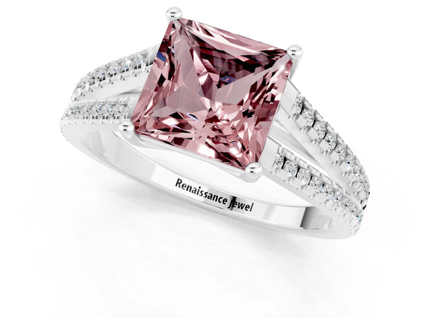 Platinum Princess Cut Morganite Solitaire Engagement Ring with Split Shank Pavé Band