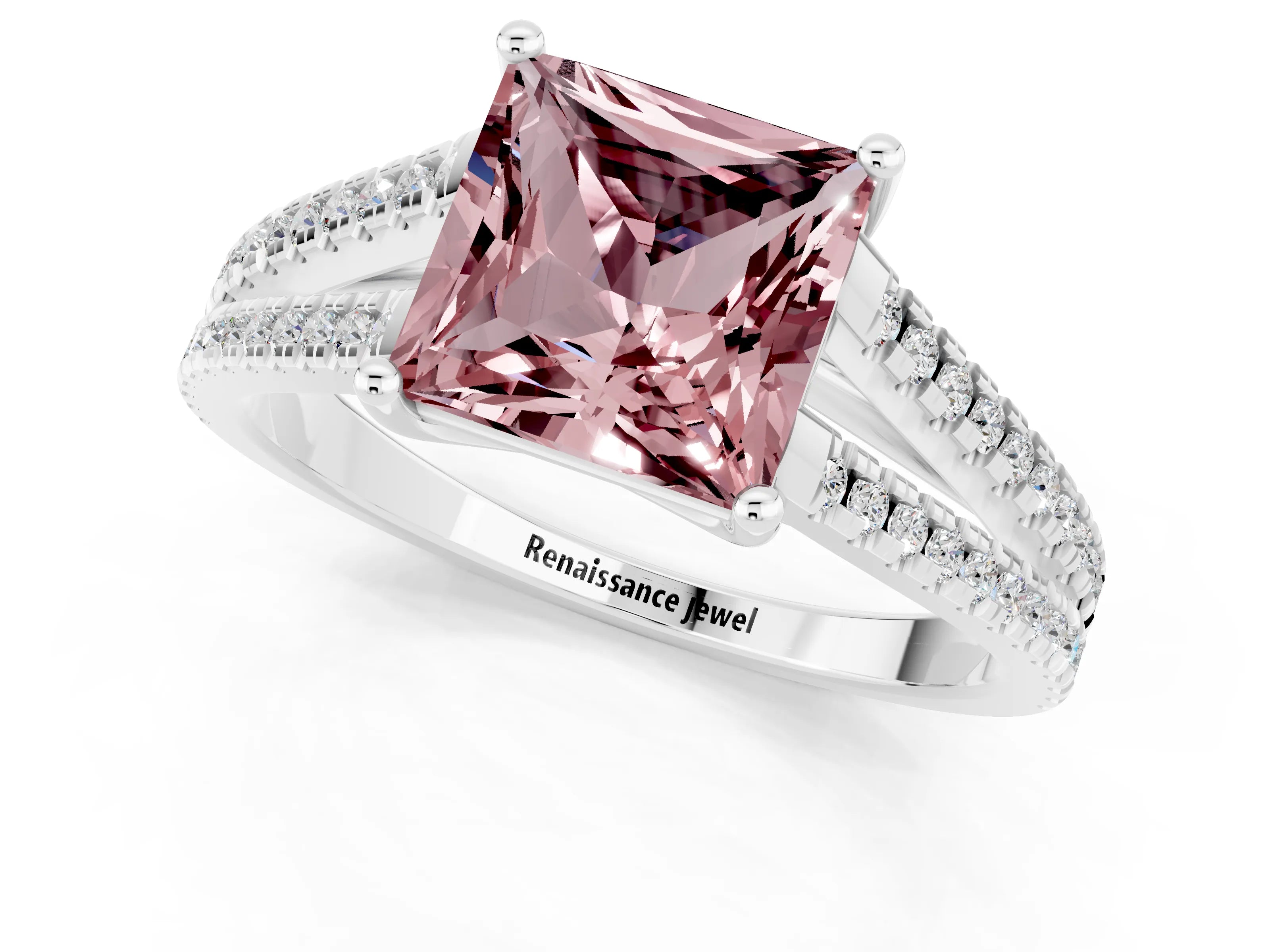 White gold Princess Cut Morganite Solitaire Engagement Ring with Split Shank Pavé Band_1