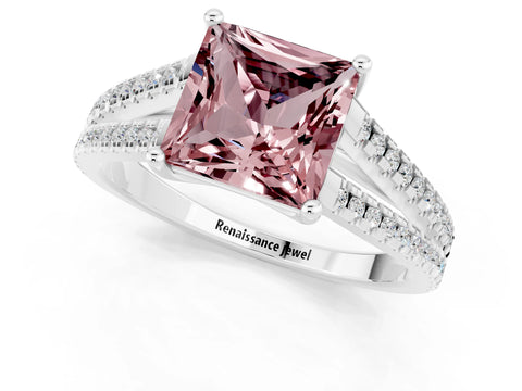 White gold Princess Cut Morganite Solitaire Engagement Ring with Split Shank Pavé Band_1