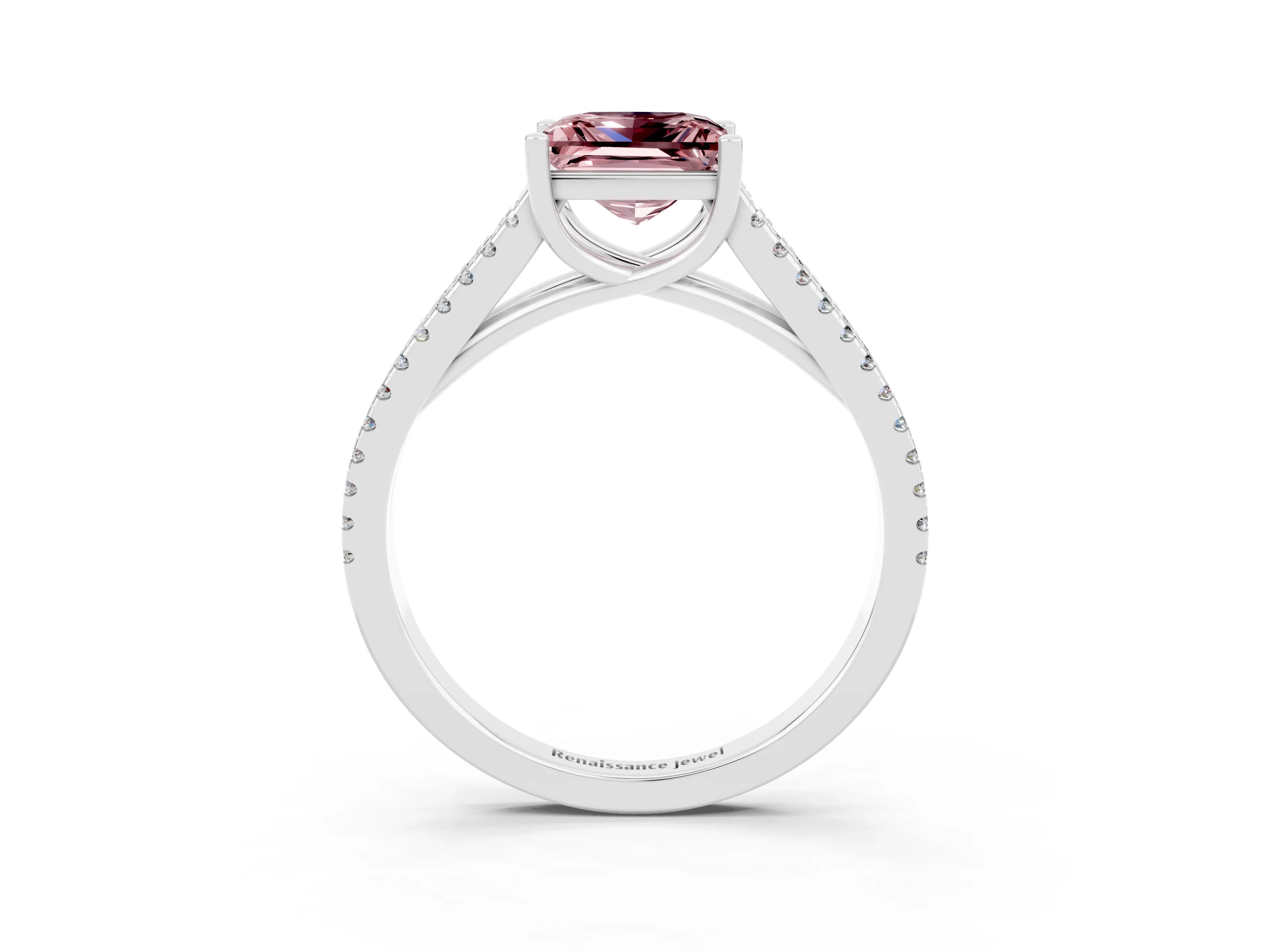 White gold Princess Cut Morganite Solitaire Engagement Ring with Split Shank Pavé Band_3