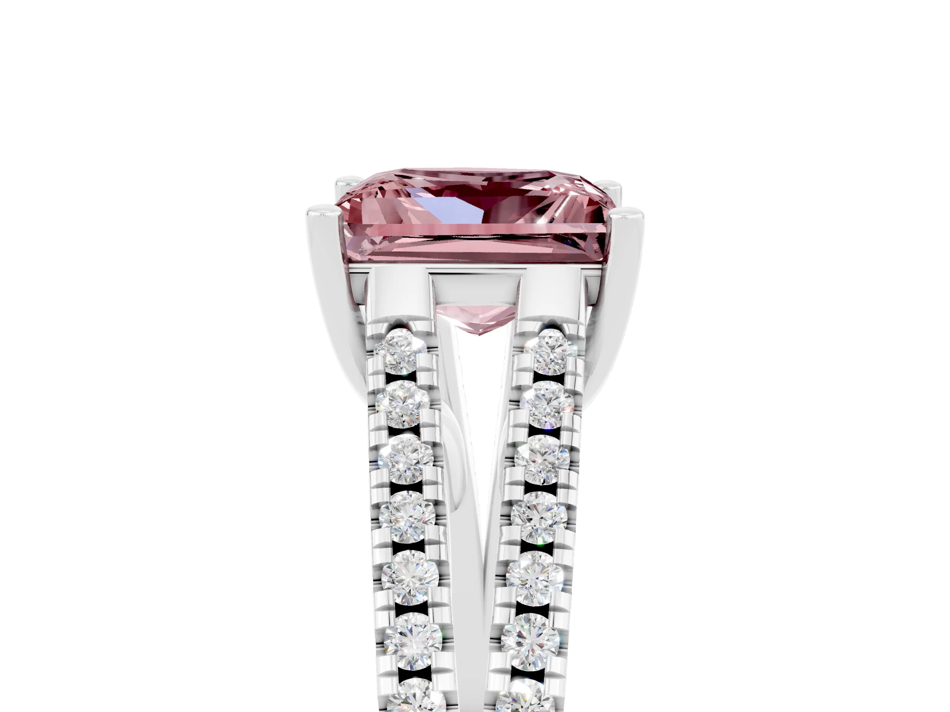 White gold Princess Cut Morganite Solitaire Engagement Ring with Split Shank Pavé Band_5