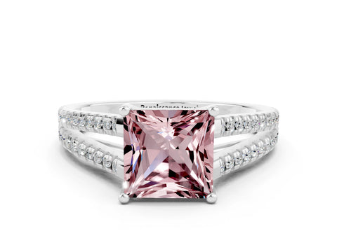 White gold Princess Cut Morganite Solitaire Engagement Ring with Split Shank Pavé Band