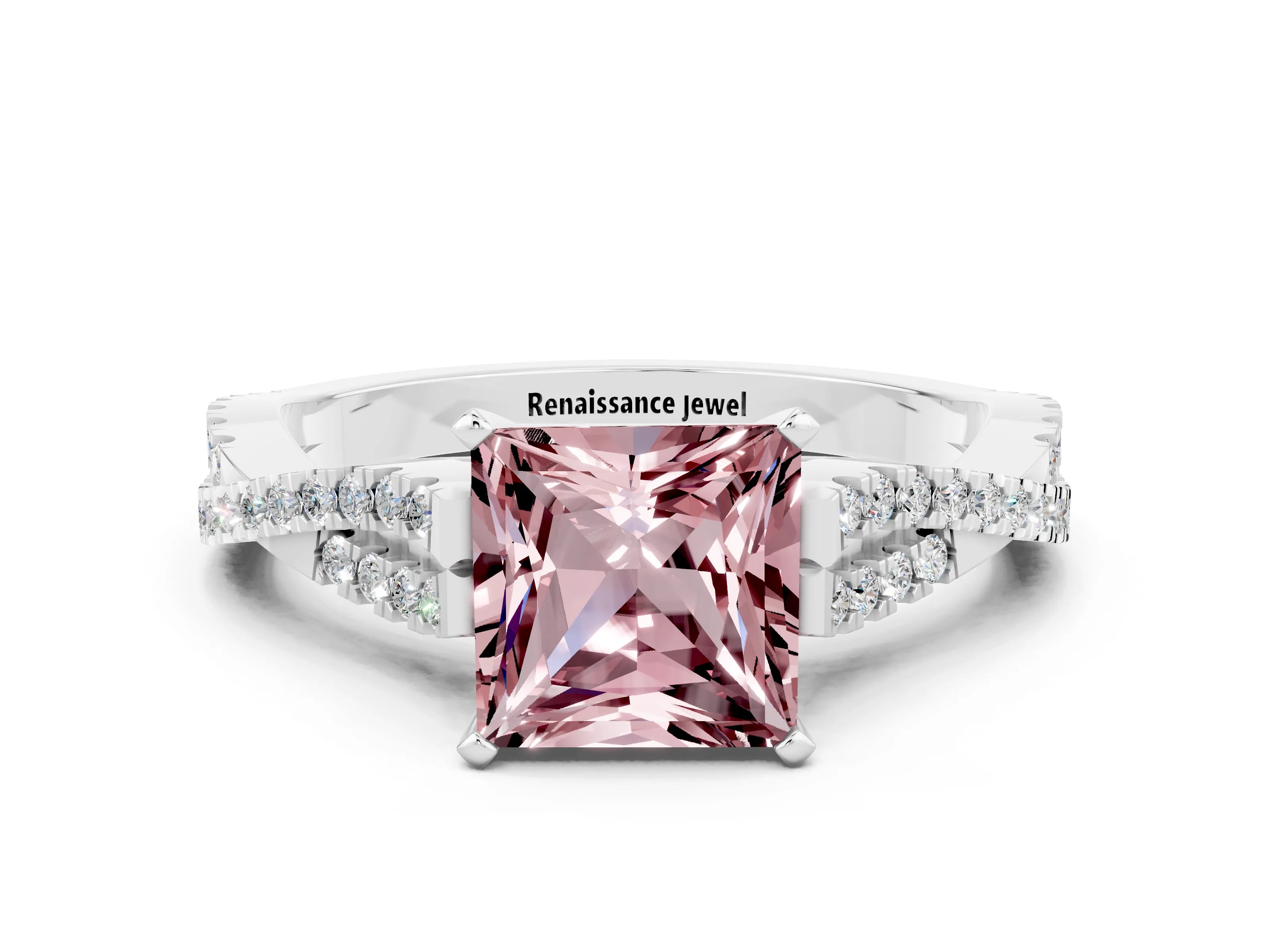 White gold Princess Cut Morganite Solitaire Engagement Ring with Twisted Pavé Band and Four-Prong Setting_12