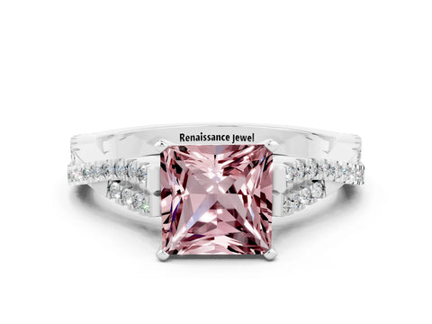 White gold Princess Cut Morganite Solitaire Engagement Ring with Twisted Pavé Band and Four-Prong Setting_12