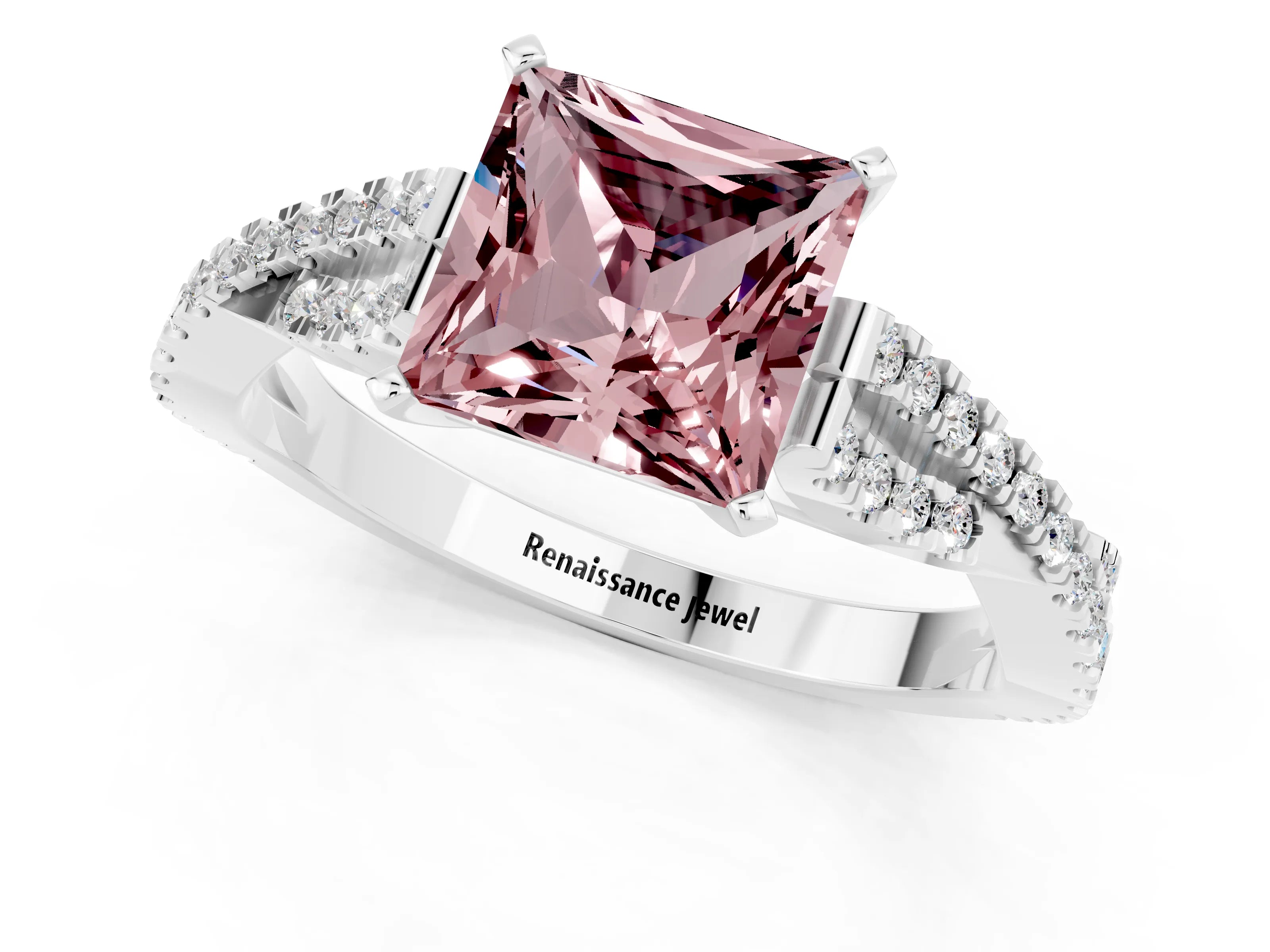 White gold Princess Cut Morganite Solitaire Engagement Ring with Twisted Pavé Band and Four-Prong Setting_13