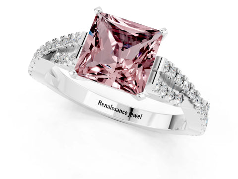 White gold Princess Cut Morganite Solitaire Engagement Ring with Twisted Pavé Band and Four-Prong Setting_13