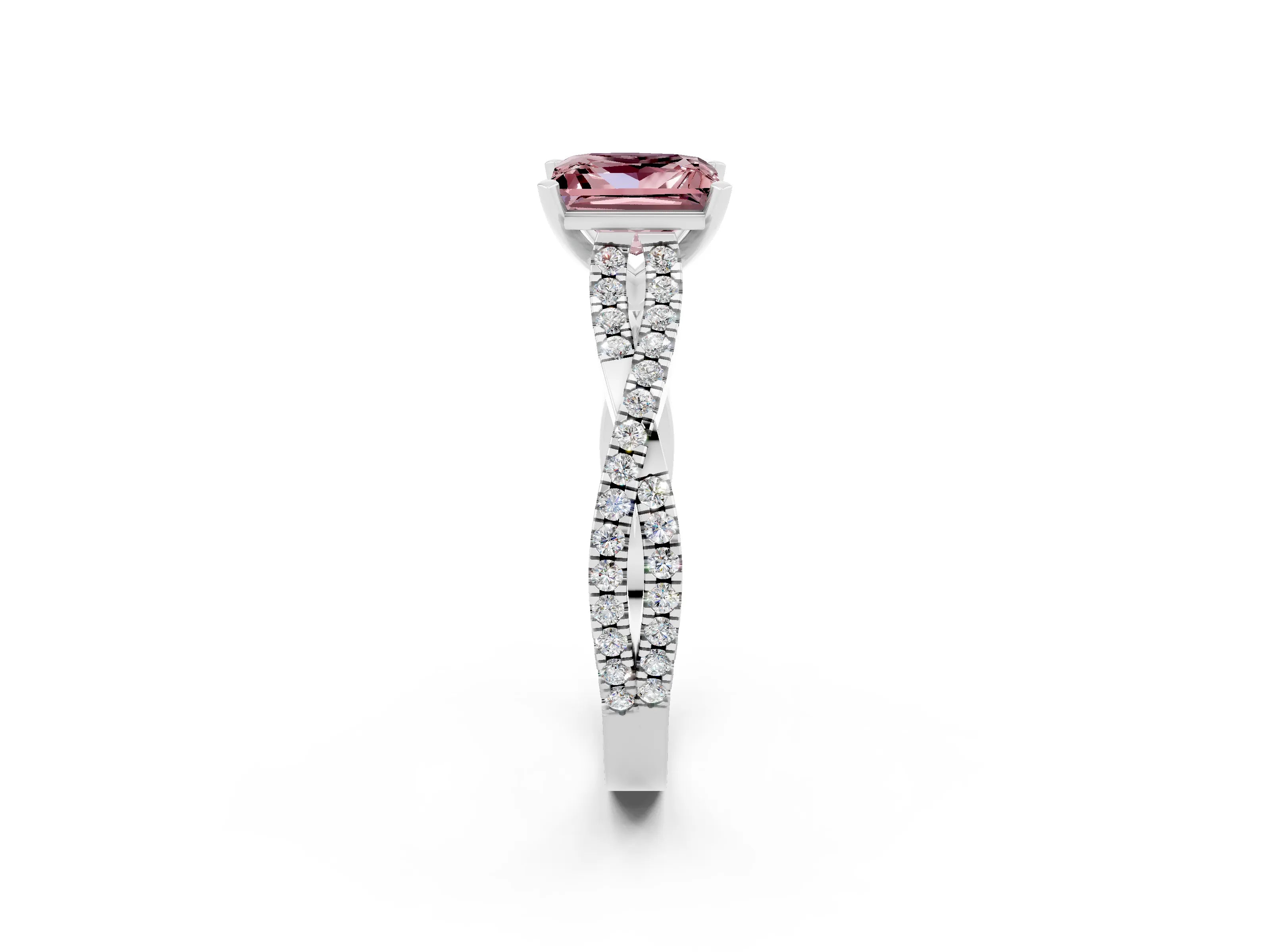White gold Princess Cut Morganite Solitaire Engagement Ring with Twisted Pavé Band and Four-Prong Setting_14