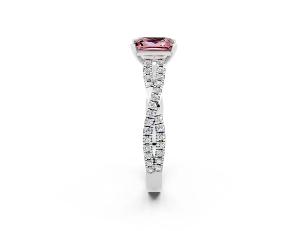 White gold Princess Cut Morganite Solitaire Engagement Ring with Twisted Pavé Band and Four-Prong Setting