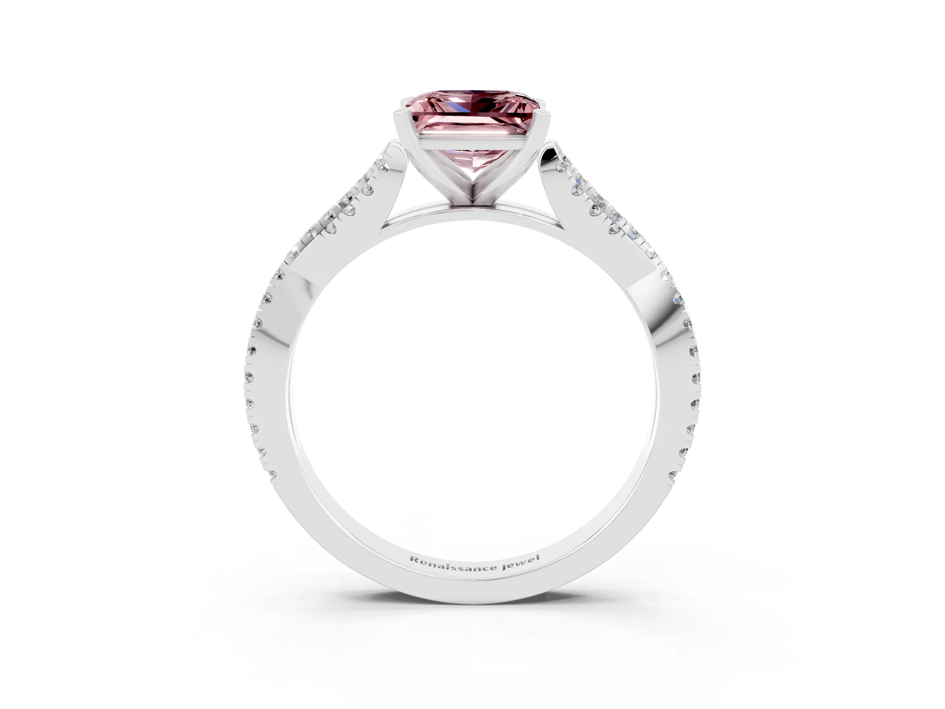 White gold Princess Cut Morganite Solitaire Engagement Ring with Twisted Pavé Band and Four-Prong Setting_15