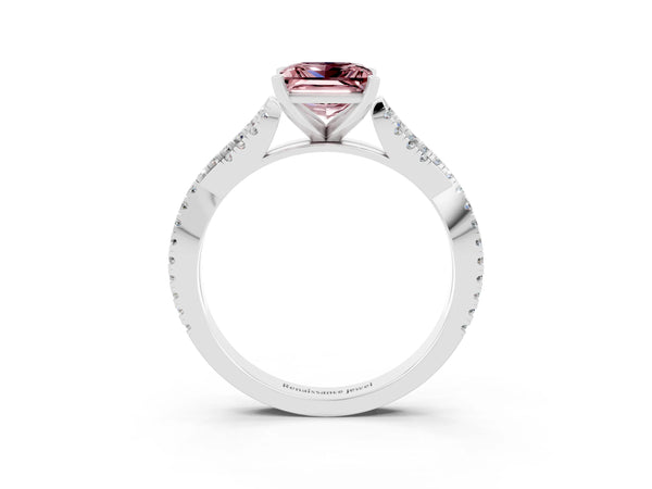 White gold Princess Cut Morganite Solitaire Engagement Ring with Twisted Pavé Band and Four-Prong Setting