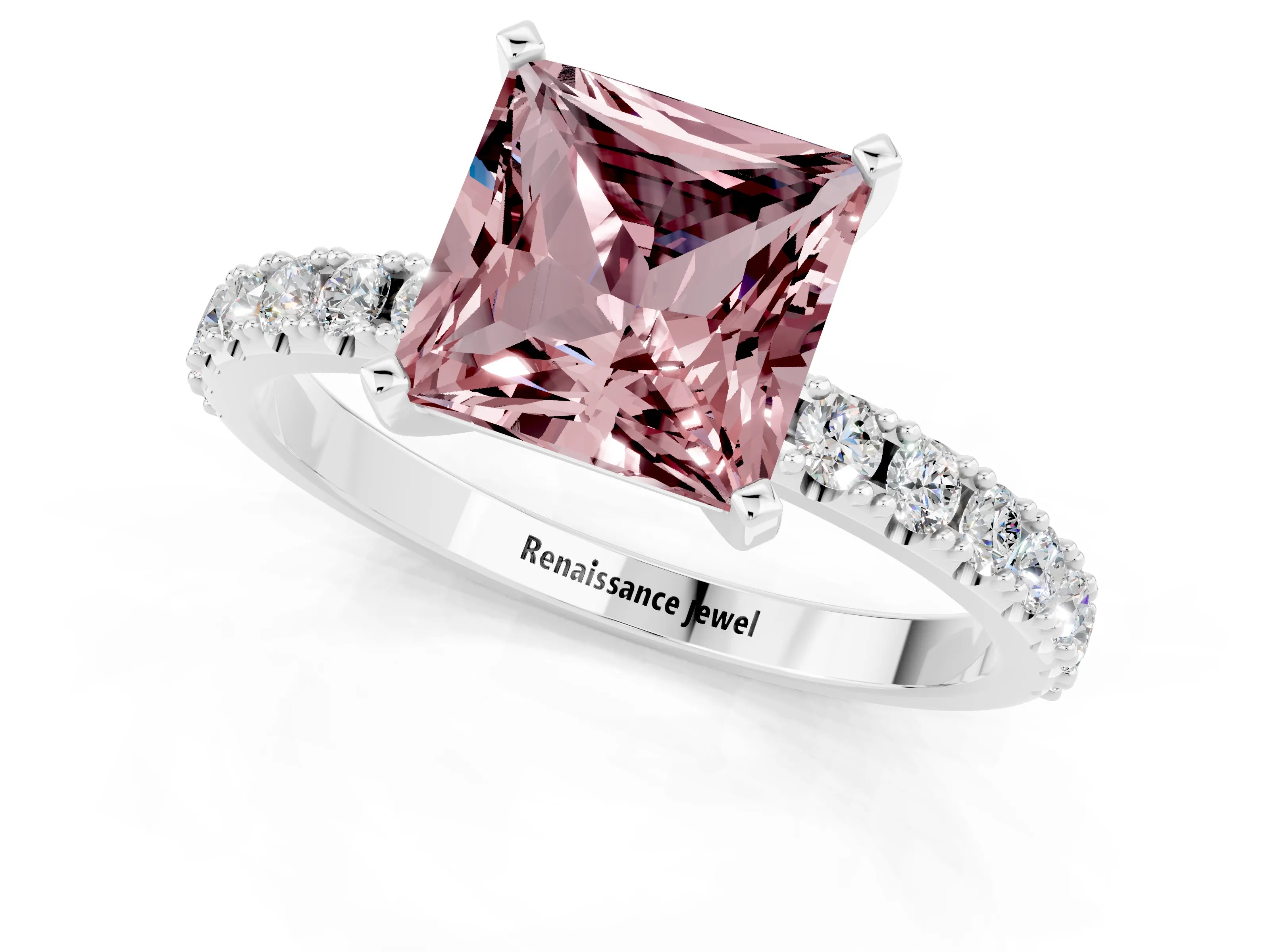 White gold Princess Cut Morganite Solitaire Pavé Band with Four-Prong Setting_1