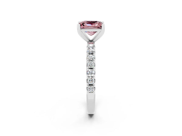 White gold Princess Cut Morganite Solitaire Pavé Band with Four-Prong Setting