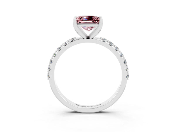 Platinum Princess Cut Morganite Solitaire Pavé Band with Four-Prong Setting