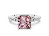 White gold Princess Cut Morganite Solitaire Pavé Band with Four-Prong Setting