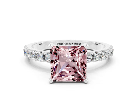 White gold Princess Cut Morganite Solitaire Pavé Band with Four-Prong Setting