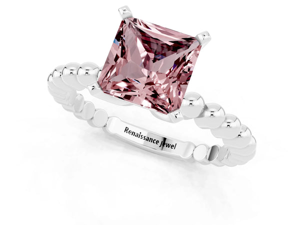 Platinum Princess Cut Morganite Solitaire Ring with Beaded Band and Prong Setting