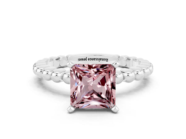 White gold Princess Cut Morganite Solitaire Ring with Beaded Band and Prong Setting