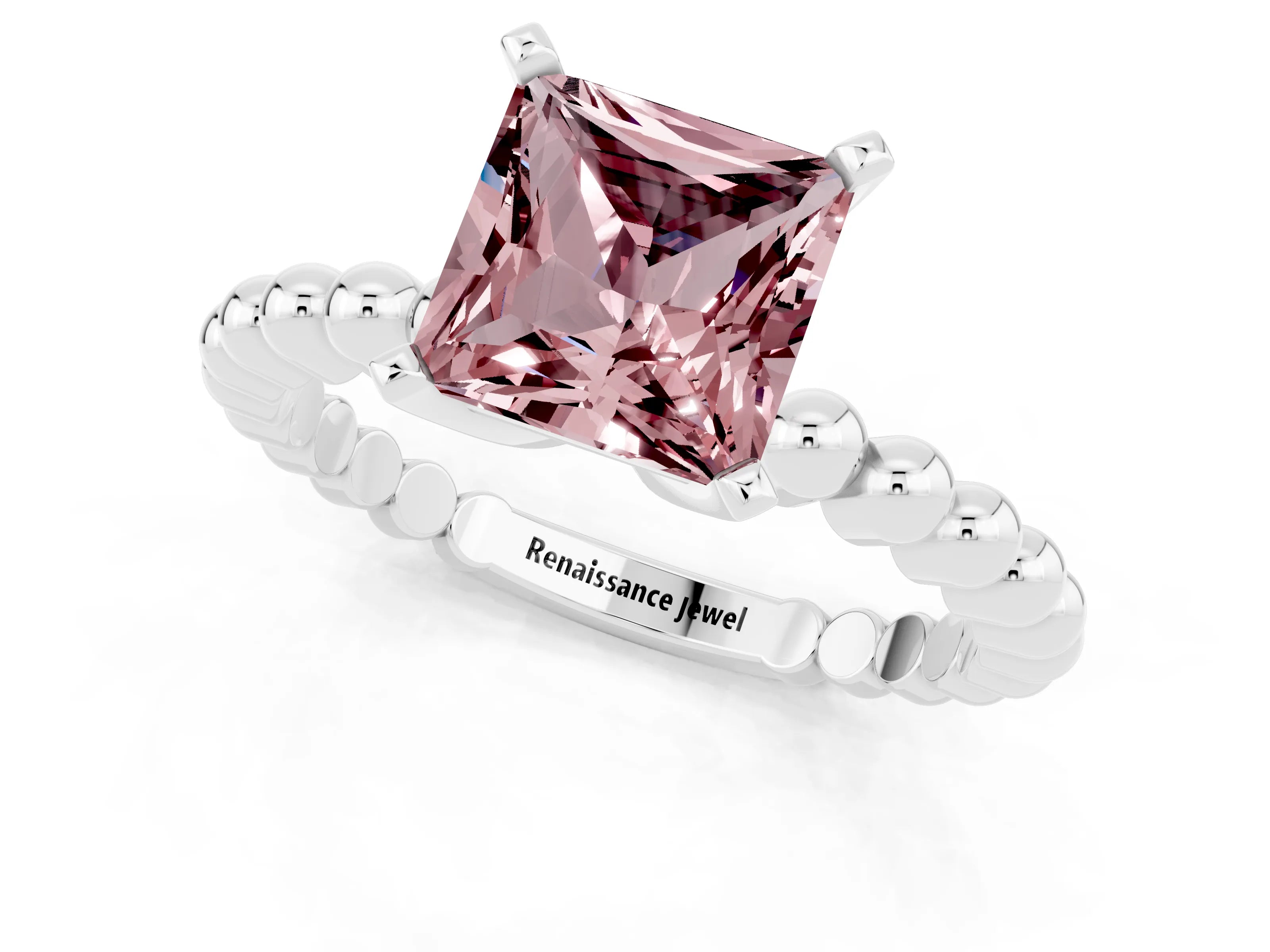 White gold Princess Cut Morganite Solitaire Ring with Beaded Band and Prong Setting_13