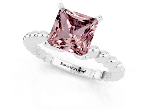 White gold Princess Cut Morganite Solitaire Ring with Beaded Band and Prong Setting_1