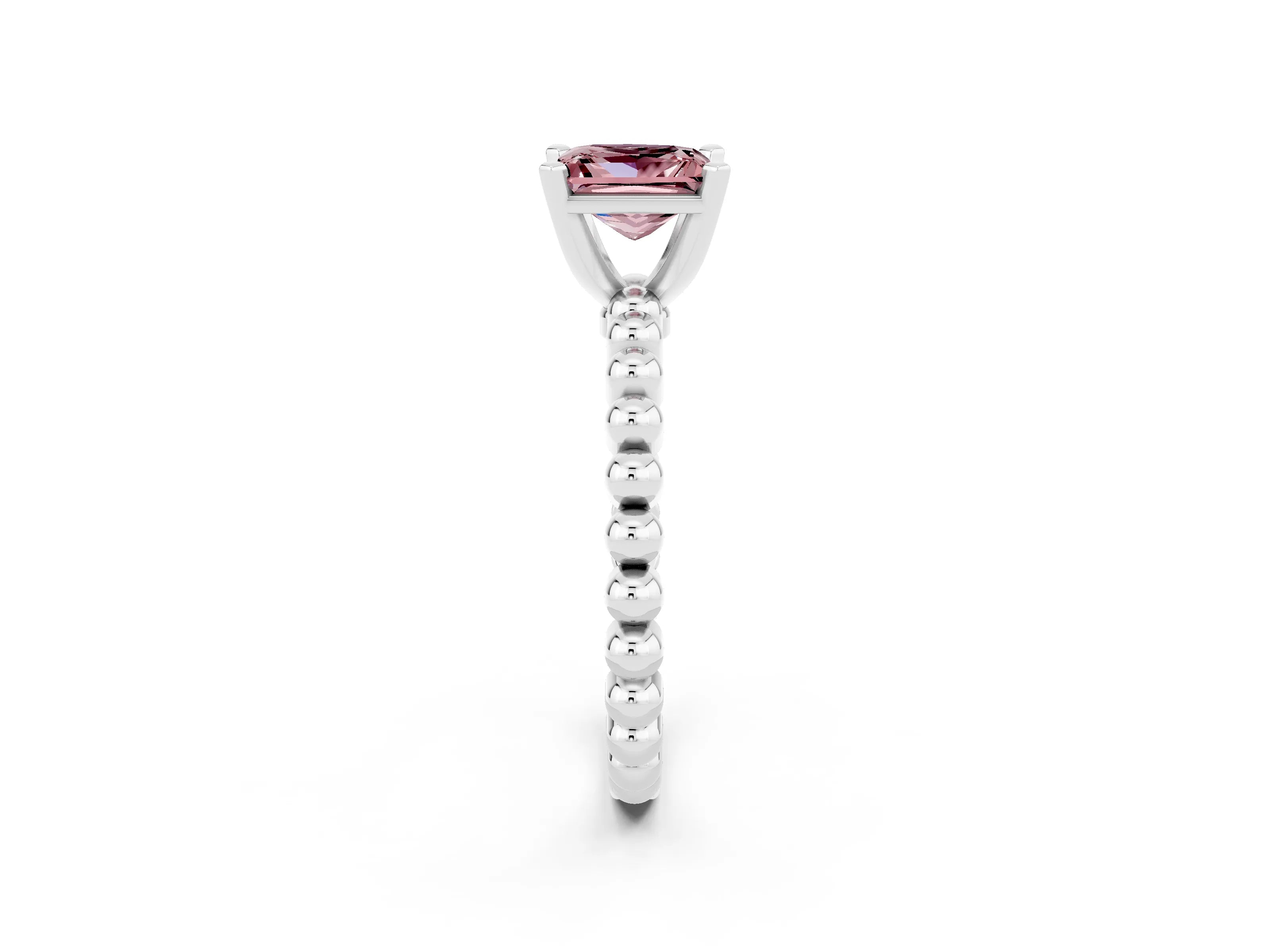 White gold Princess Cut Morganite Solitaire Ring with Beaded Band and Prong Setting_2