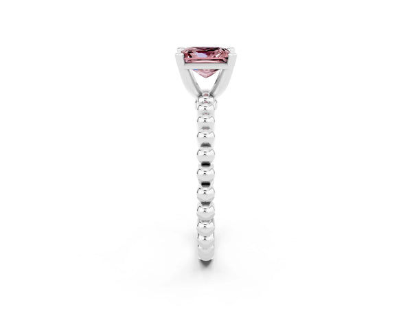 Platinum Princess Cut Morganite Solitaire Ring with Beaded Band and Prong Setting