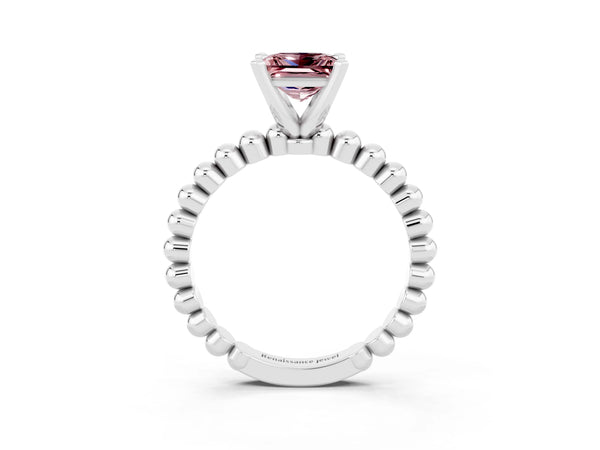 Silver Princess Cut Morganite Solitaire Ring with Beaded Band and Prong Setting