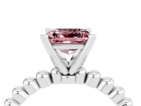 White gold Princess Cut Morganite Solitaire Ring with Beaded Band and Prong Setting_4