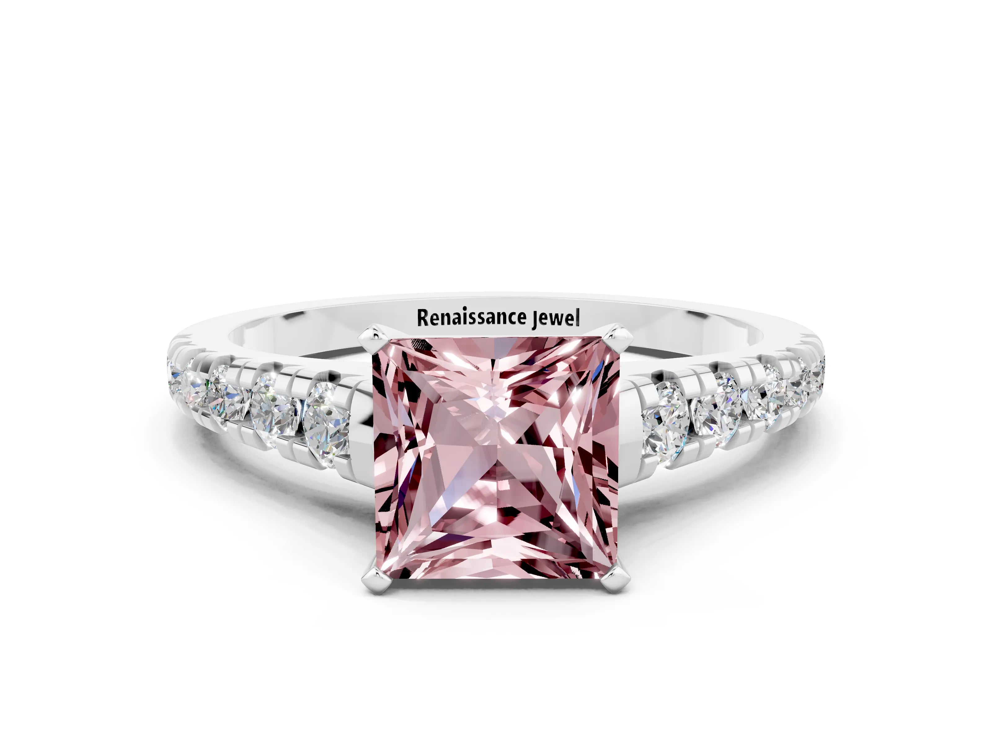 White gold Princess Cut Morganite Solitaire Ring with Cathedral Setting and Pavé Band