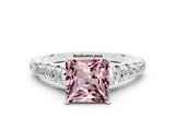 White gold Princess Cut Morganite Solitaire Ring with Cathedral Setting and Pavé Band