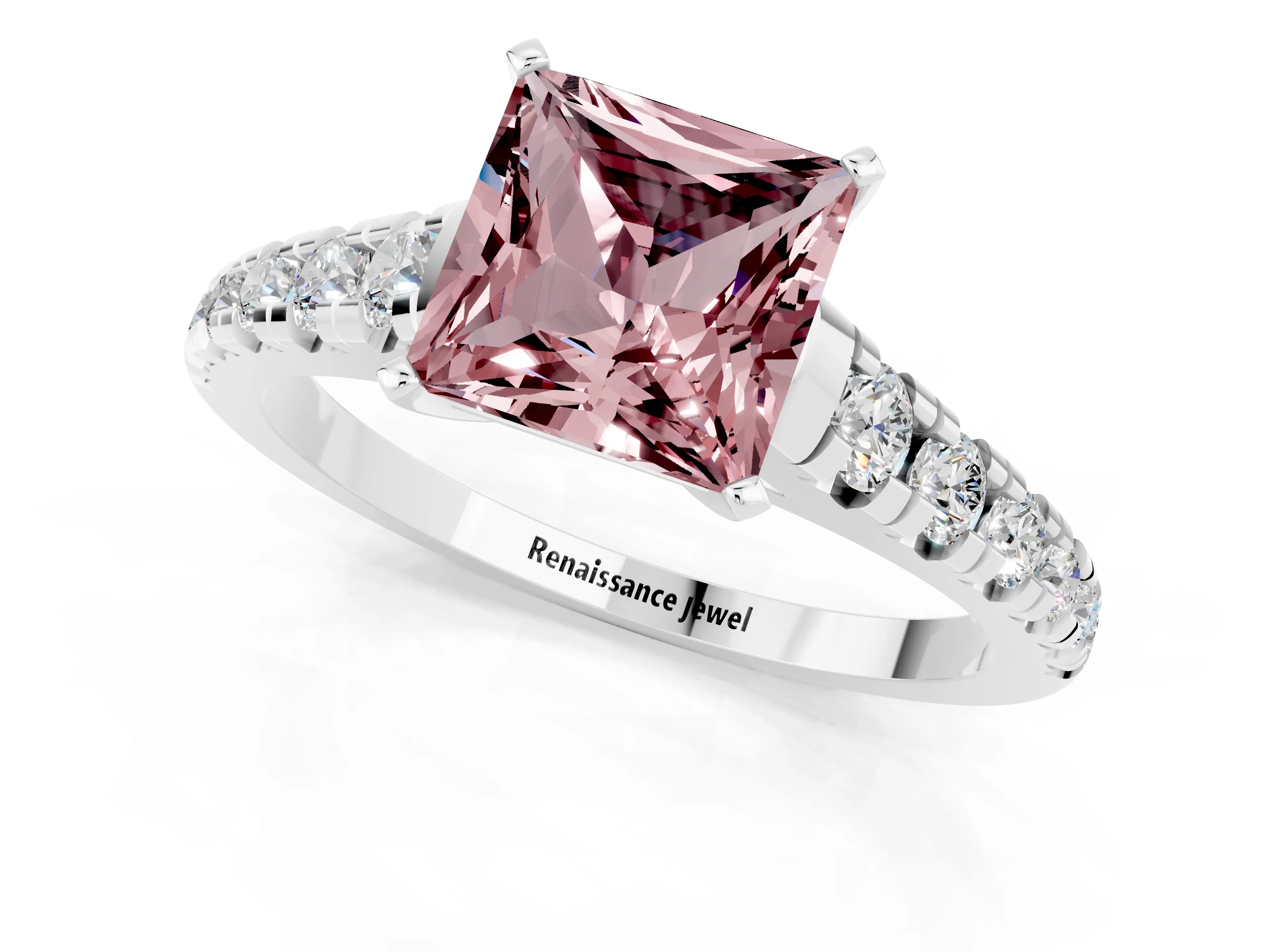 White gold Princess Cut Morganite Solitaire Ring with Cathedral Setting and Pavé Band_1