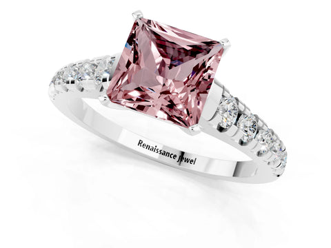 White gold Princess Cut Morganite Solitaire Ring with Cathedral Setting and Pavé Band_1