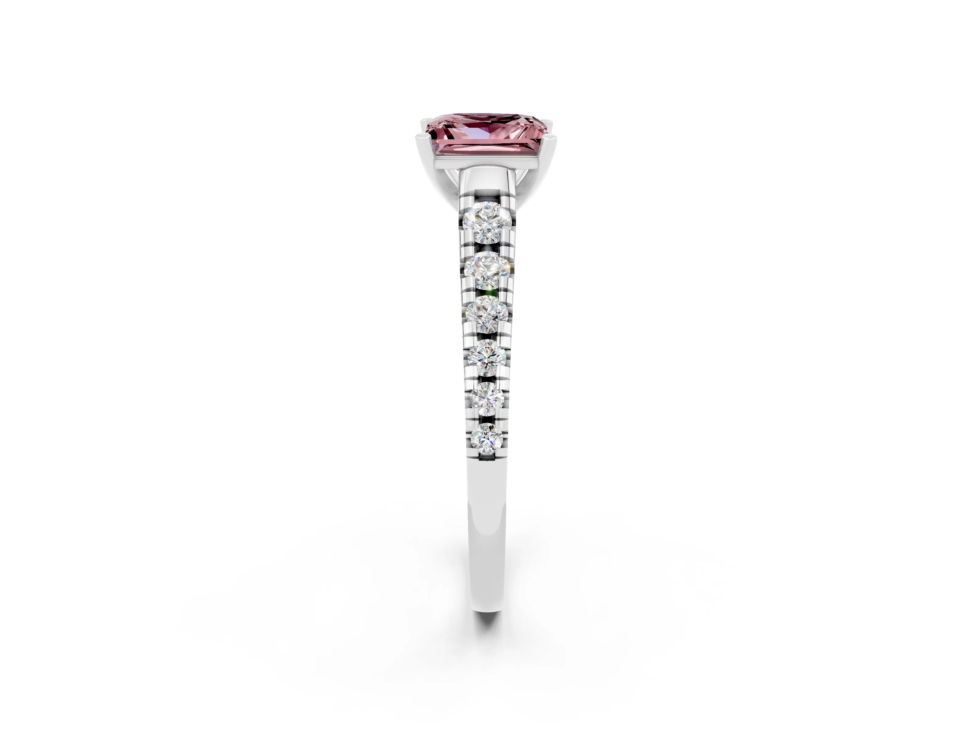 White gold Princess Cut Morganite Solitaire Ring with Cathedral Setting and Pavé Band_2