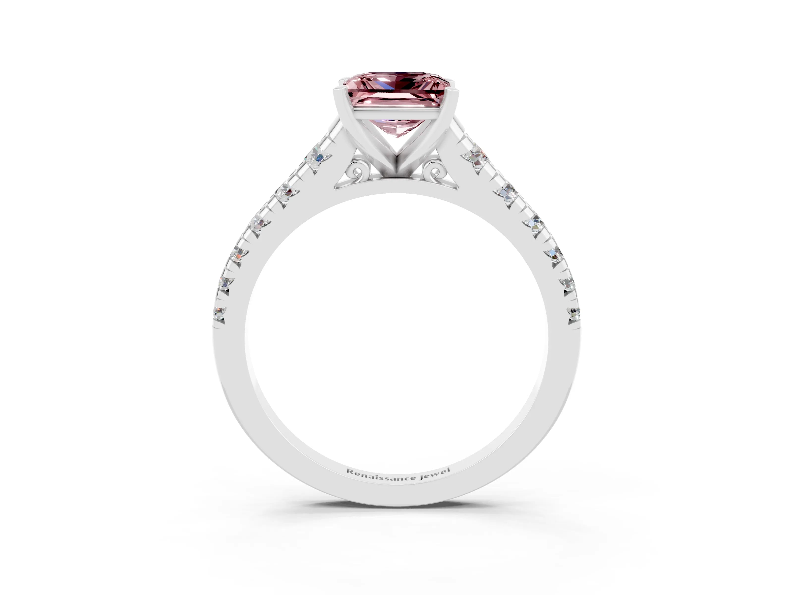 White gold Princess Cut Morganite Solitaire Ring with Cathedral Setting and Pavé Band_3