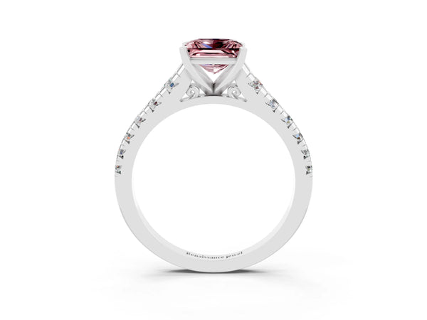 White gold Princess Cut Morganite Cathedral Solitaire Ring with Round  Pavé Band