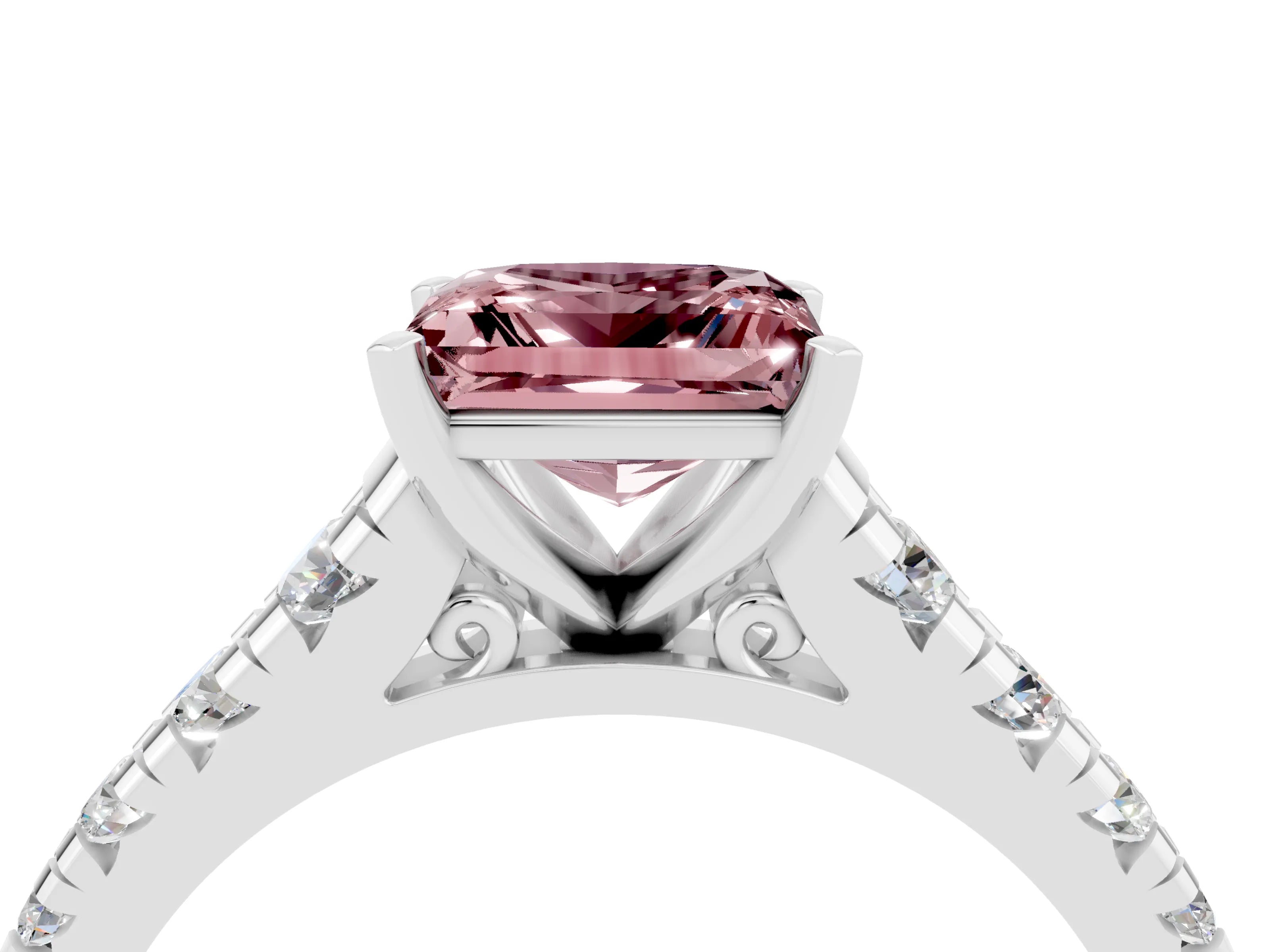 White gold Princess Cut Morganite Solitaire Ring with Cathedral Setting and Pavé Band_4