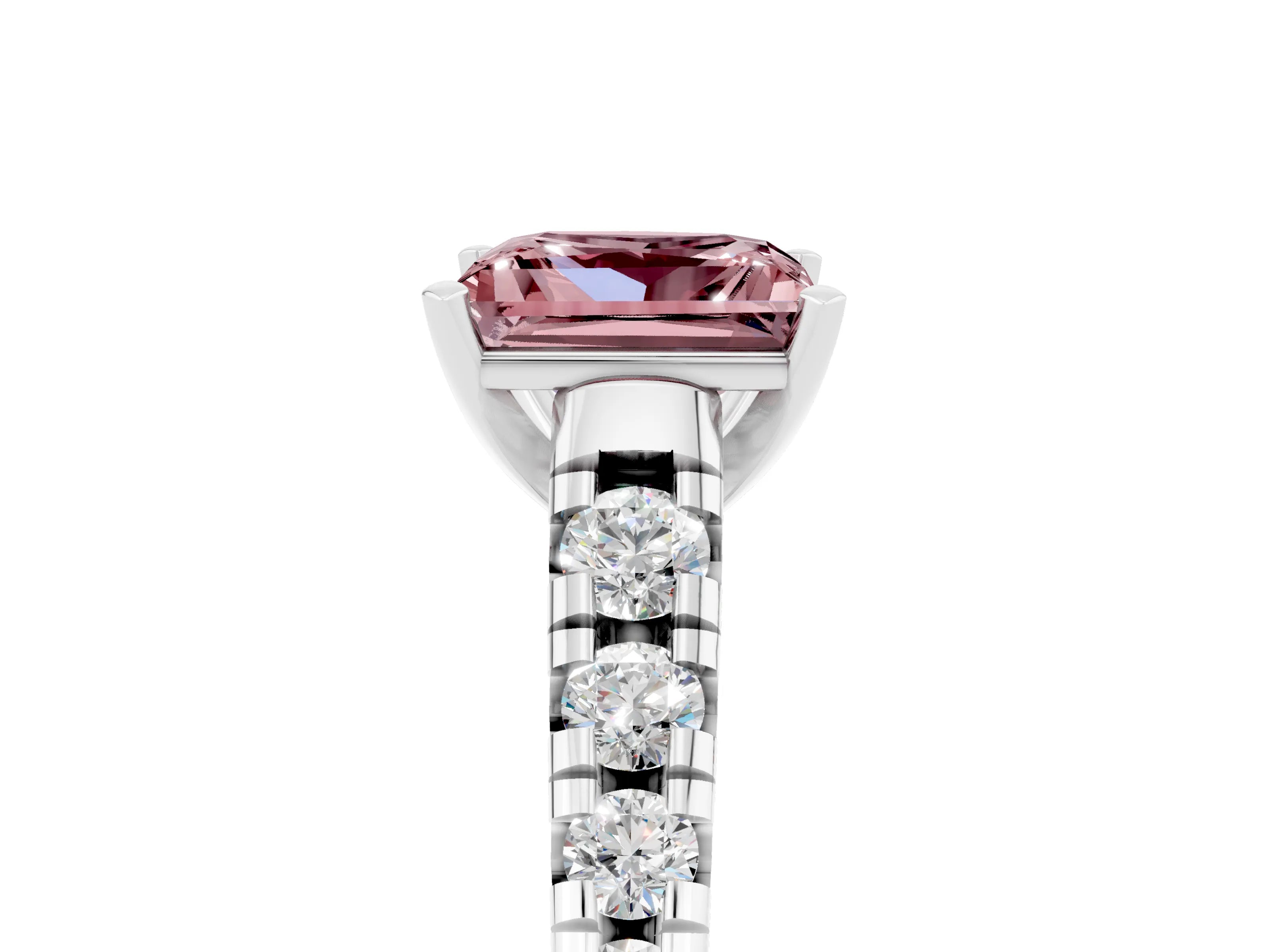 White gold Princess Cut Morganite Solitaire Ring with Cathedral Setting and Pavé Band_5