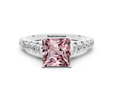 White gold Princess Cut Morganite Solitaire Ring with Cathedral Setting and Pavé Band