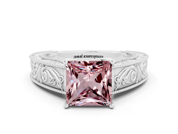 White gold Princess Cut Morganite Solitaire Ring with Engraved Band and Four-Prong Setting