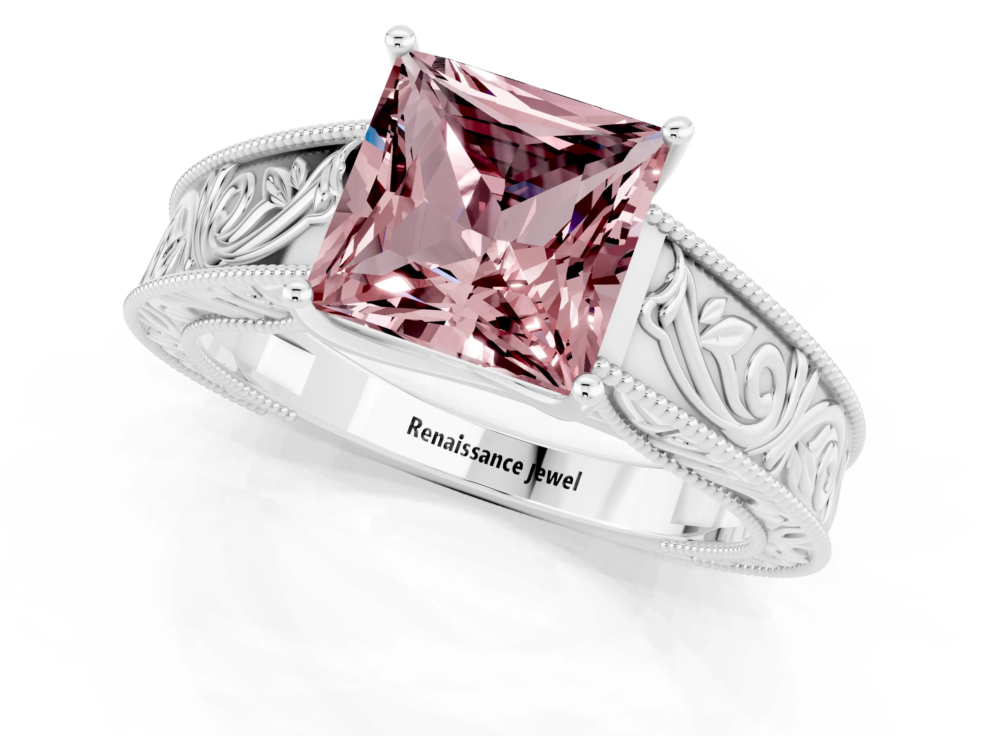 White gold Princess Cut Morganite Solitaire Ring with Engraved Band and Four-Prong Setting_1