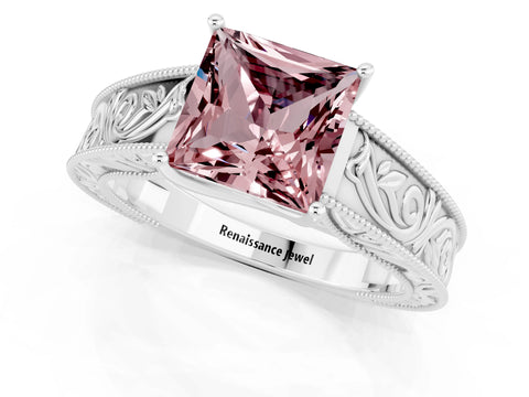White gold Princess Cut Morganite Solitaire Ring with Engraved Band and Four-Prong Setting_1