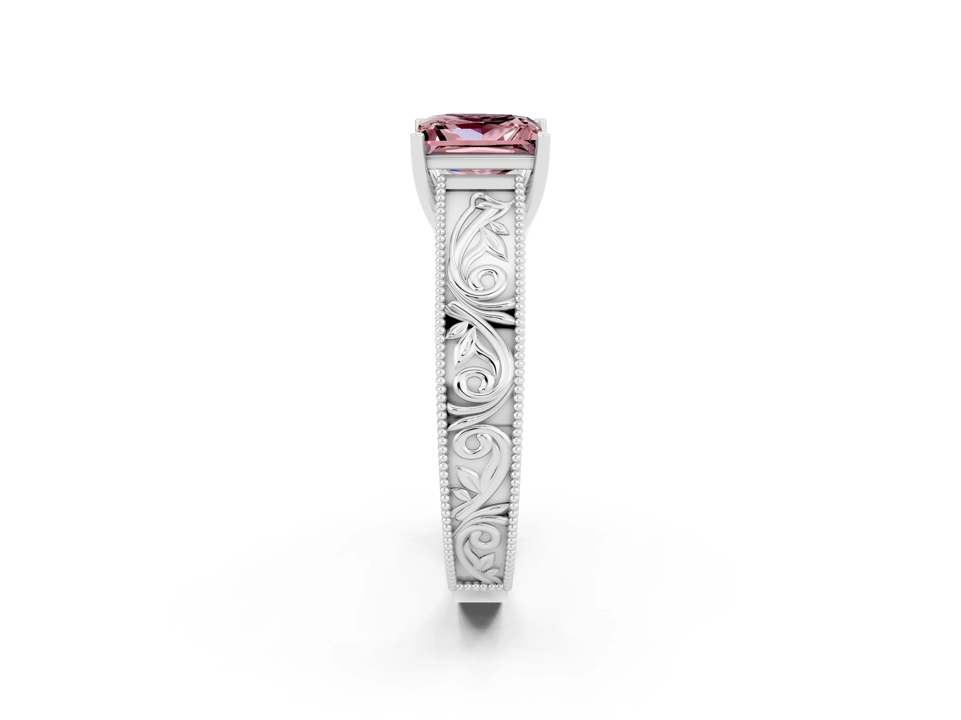 White gold Princess Cut Morganite Solitaire Ring with Engraved Band and Four-Prong Setting_2