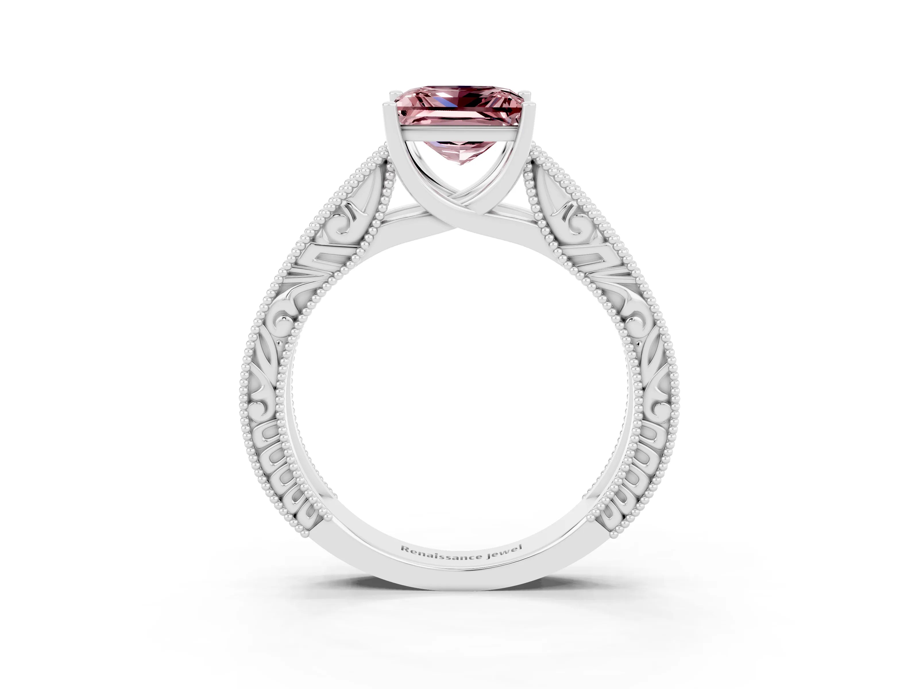 White gold Princess Cut Morganite Solitaire Ring with Engraved Band and Four-Prong Setting_3