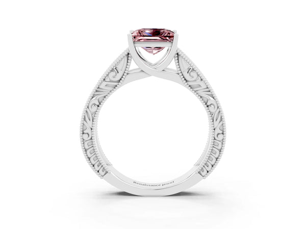 Platinum Princess Cut Morganite Solitaire Ring with Engraved Band and Four-Prong Setting